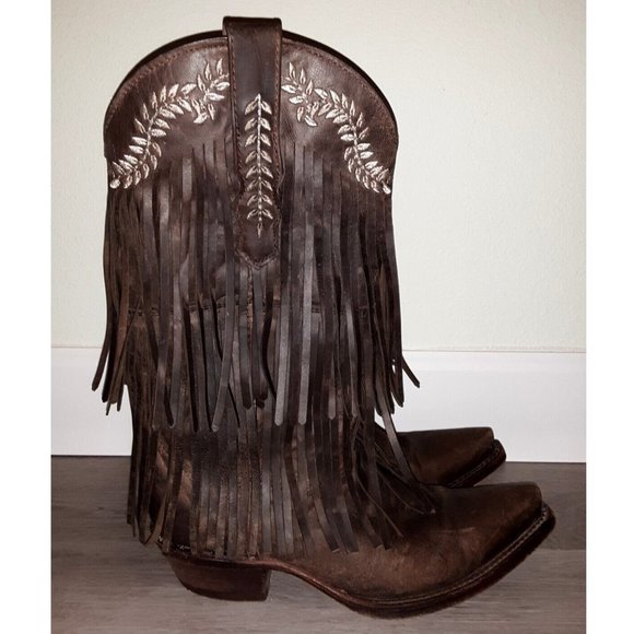 Soto Boots Shoes - Soto Santa Fe Dark Brown Leather Tiered Fringe Snip Toe Cowboy Cowgirl Boots 7